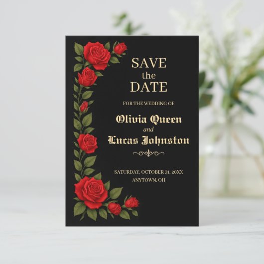 Roos Gothic Wedding Save the Date (Staand voorkant)
