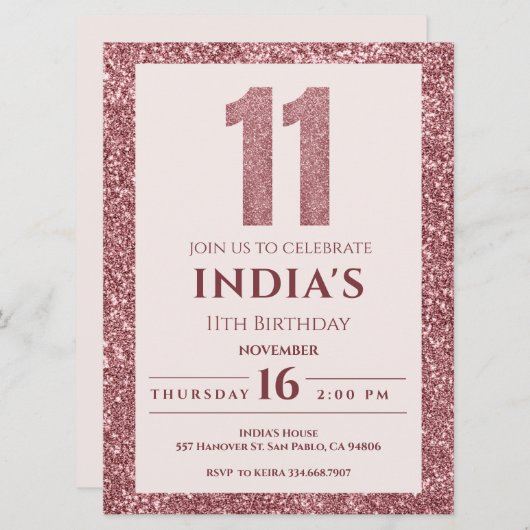 roos goud 11e verjaardag kaart (Voorkant / Achterkant)