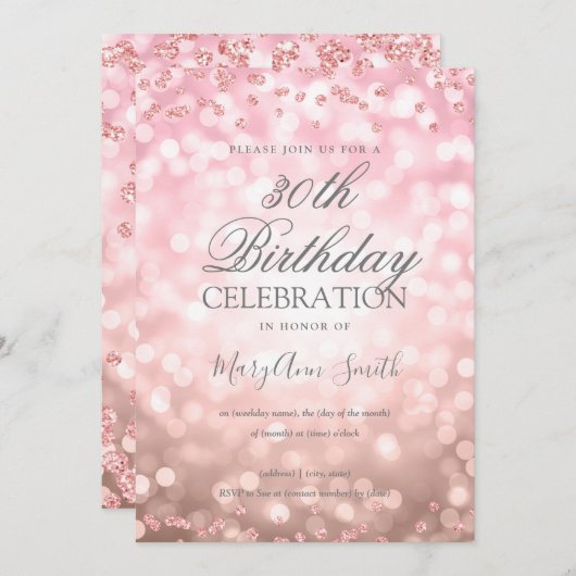 Roos Goud 30e Verjaardag Glitter Confetti Lights Kaart (Voorkant / Achterkant)