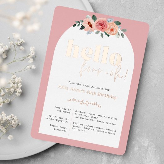 Roos goud 40e Verjaardags glam bloemen Folie Uitnodiging