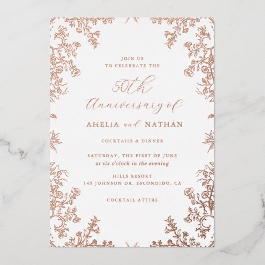  Roos Goud 50ste Jubileum Partij Folie Uitnodiging (Voorkant)