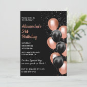 Roos goud 51e verjaardagsuitnodiging Balloon Black Kaart (Staand voorkant)