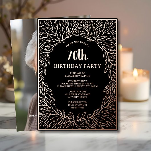 Roos Goud 70e Aangepaste Hand getrokken Verjaardag Folie Uitnodiging