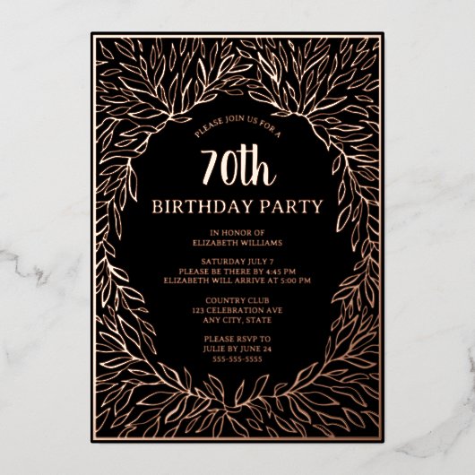 Roos Goud 70e Aangepaste Hand getrokken Verjaardag Folie Uitnodiging (Voorkant)