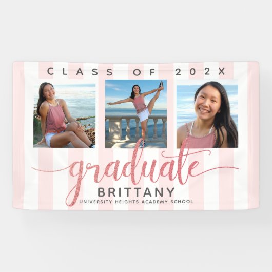 Roos goud afstuderen 3 foto modern glitter script spandoek (Horizontaal)