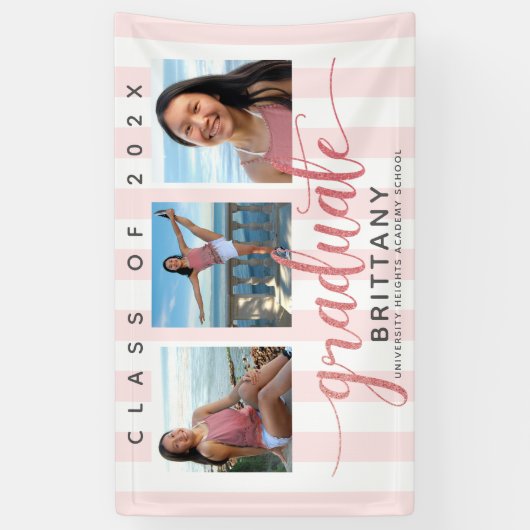 Roos goud afstuderen 3 foto modern glitter script spandoek (Verticaal)