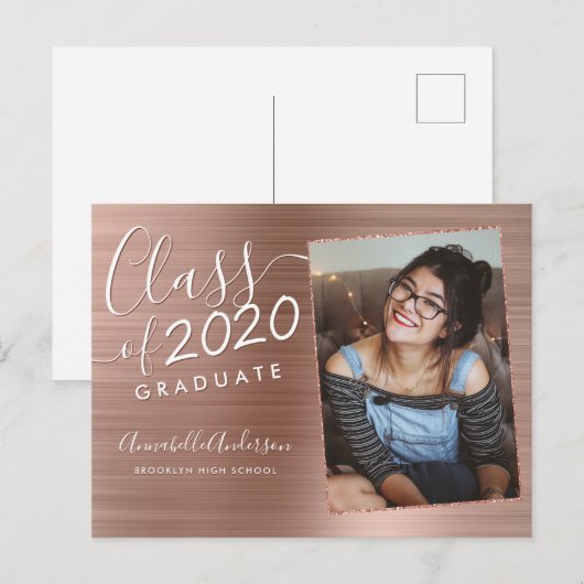 Roos Goud Afstuderen Geborsteld Metaal Foto Afstud Aankondigingskaart (Voorkant / Achterkant)