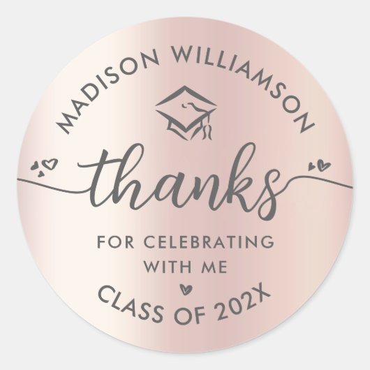Roos Goud Afstuderen Modern Bedankt Script Hart Ronde Sticker (Voorkant)
