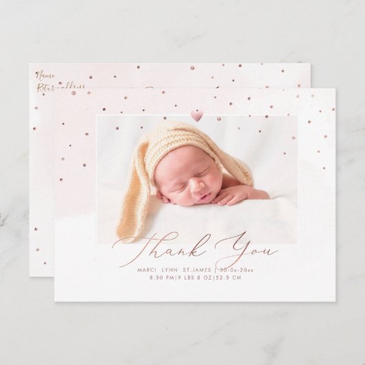 Roos Goud Baby shower Dank u Blush Waterverf Briefkaart (Voorkant / Achterkant)