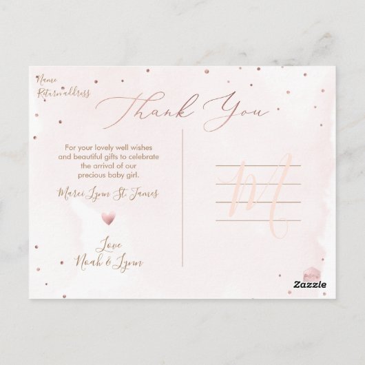 Roos Goud Baby shower Dank u Blush Waterverf Briefkaart (Achterkant)