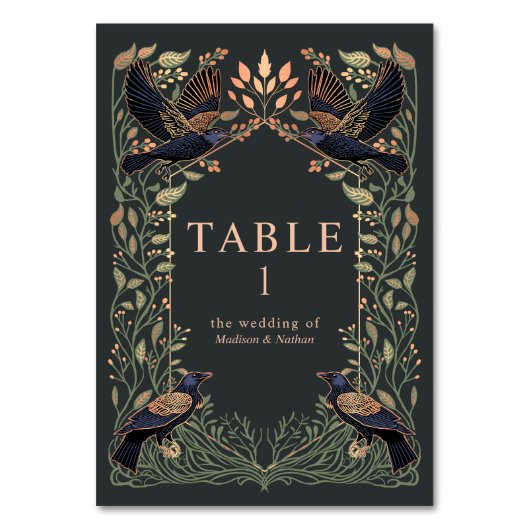 Roos Goud Betoverde Gotische Raven Floral Wedding Kaart (Achterkant)