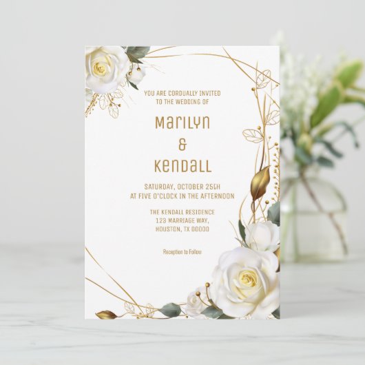 Roos Goud Biologische Bloemen Bruiloft Kaart (Staand voorkant)