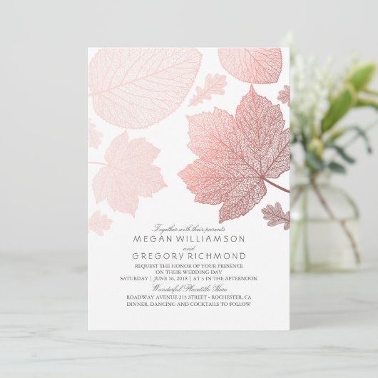 Roos Goud Bladeren Elegante Witte Herfst Wedding Kaart (Staand voorkant)
