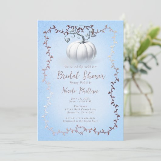 Roos Goud Blauw Verhalenboek Wit Pompoen Bruid Kaart (Staand voorkant)