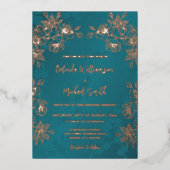 Roos Goud Blauwgroen Bloemen Huwelijk Folie Uitnodiging (Voorkant)