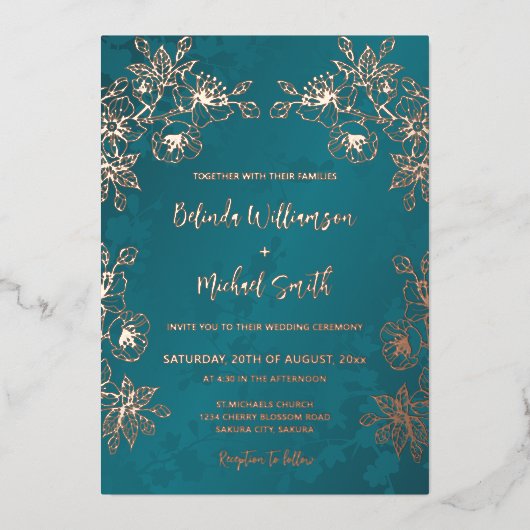 Roos Goud Blauwgroen Bloemen Huwelijk Folie Uitnodiging (Voorkant)