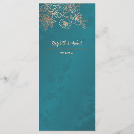 Roos Goud Blauwgroen Bloemenlijn Kunst Trouwen Menu (Achterkant)