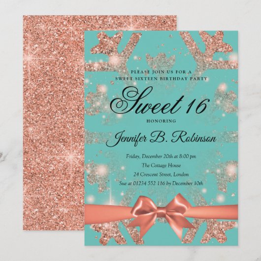 Roos Goud Blauwgroen Glitter & Ribbon Winter Sweet Kaart (Voorkant / Achterkant)