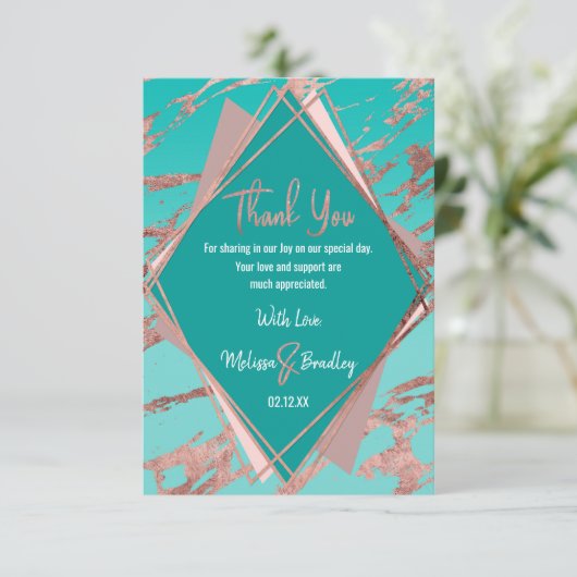 Roos Goud Blauwgroen Groen Marmer Diamant Dank u Bedankkaart (Staand voorkant)