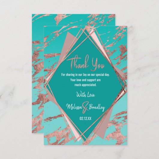 Roos Goud Blauwgroen Groen Marmer Diamant Dank u Bedankkaart (Voorkant / Achterkant)