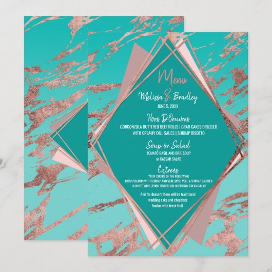 Roos Goud Blauwgroen Groen Marmer Diamond Wedding  Menu (Voorkant / Achterkant)