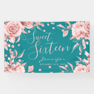 Roos Goud Blauwgroen Sweet 16 Glitter Confetti Flo Spandoek