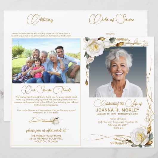 Roos & Goud Bloemen 2 Foto Begrafenisprogramma (Voorkant / Achterkant)