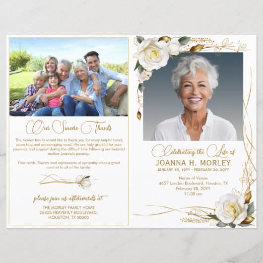 Roos & Goud Bloemen 2 Foto Begrafenisprogramma (Voorkant)