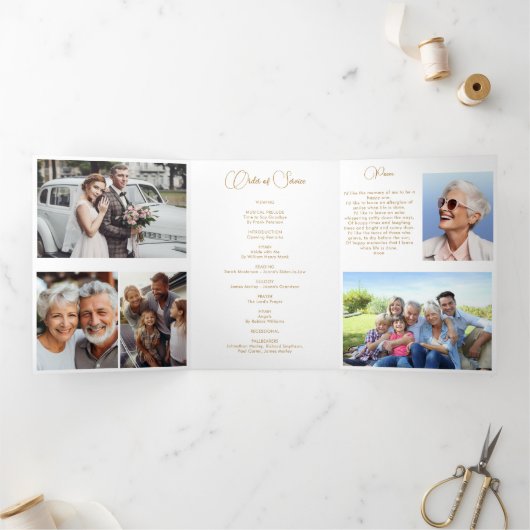 Roos & Goud Bloemen 6 Foto Gedicht Uitvaartprogram Drieluik Programma (Binnen)