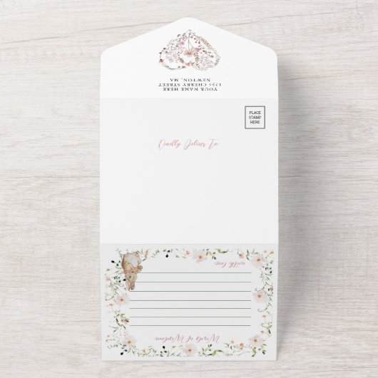 Roos Goud Bloemen Baby Bunny Baby shower All In One Uitnodiging (Buitenkant)