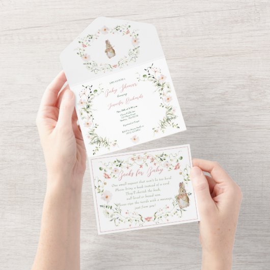 Roos Goud Bloemen Baby Bunny Baby shower All In One Uitnodiging (Afscheurbaar)