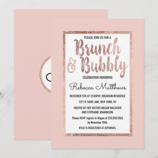 Roos Goud Bloemen Blush Roze Borstel Brunch Bubbly Kaart (Voorkant / Achterkant)