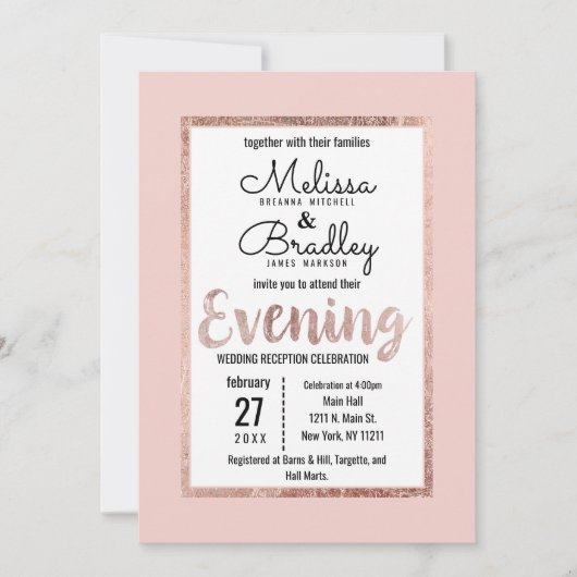 Roos Goud Bloemen Blush Roze Borstel Script Avond Kaart (Voorkant)