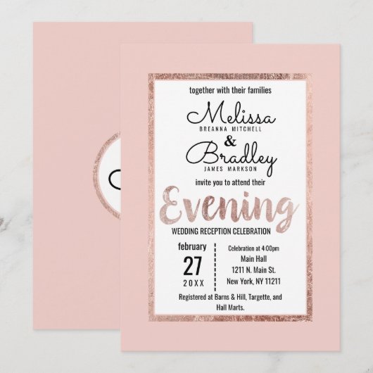 Roos Goud Bloemen Blush Roze Borstel Script Avond Kaart (Voorkant / Achterkant)