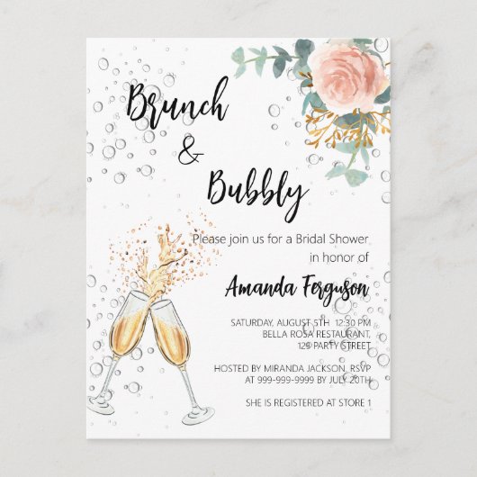 Roos Goud Bloemen Brunch Bubble Vrijgezellenfeest Uitnodiging Briefkaart (Voorkant)