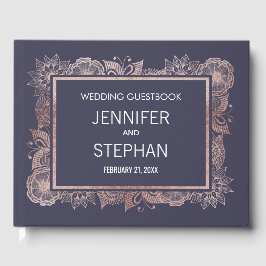 Roos Goud Bloemen en Navy Blauw Bruiloft Gastenboe Gastenboek