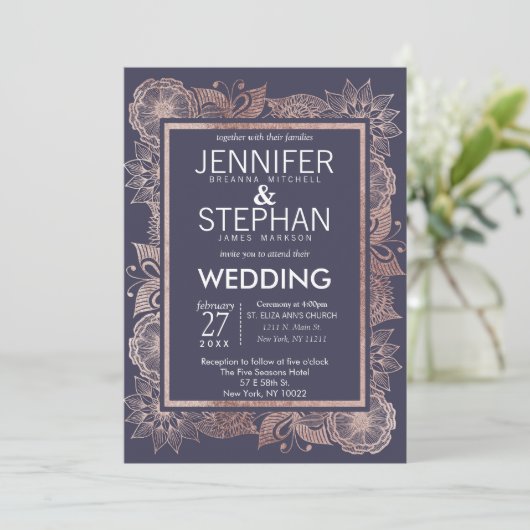 Roos Goud Bloemen en Navy Blauw Bruiloft Uitnodigi Kaart (Staand voorkant)