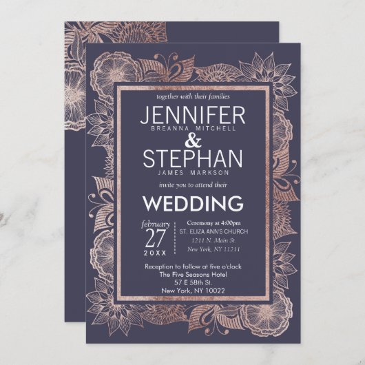 Roos Goud Bloemen en Navy Blauw Bruiloft Uitnodigi Kaart (Voorkant / Achterkant)