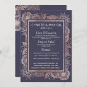 Roos Goud Bloemen en Navy Blue Bruiloft Menu (Voorkant / Achterkant)