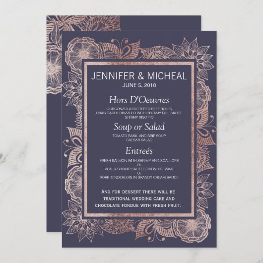 Roos Goud Bloemen en Navy Blue Bruiloft Menu (Voorkant / Achterkant)