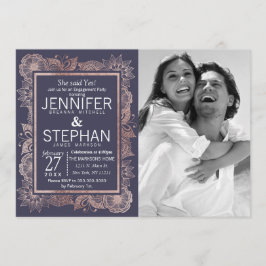 Roos Goud Bloemen en Navy Blue Verloving Kaart