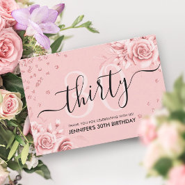 Roos Goud Bloemen Glitter 30e Verjaardag Script Bedankkaart