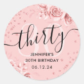 Roos Goud Bloemen Glitter 30e Verjaardag Script Ronde Sticker (Voorkant)