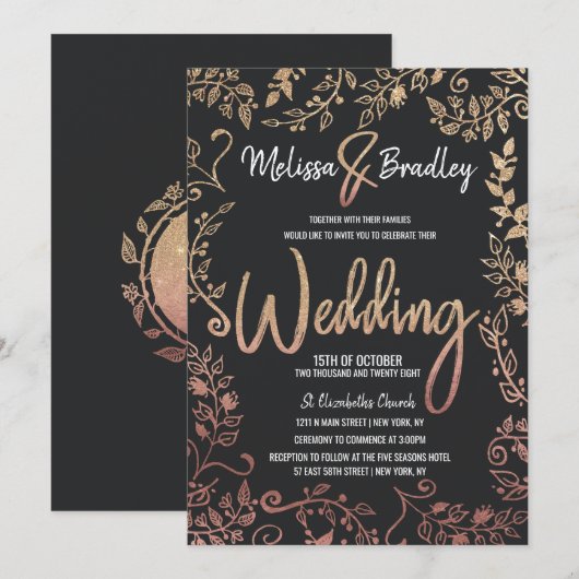 Roos Goud Bloemen Goud Glitter Ombre Bruiloft Kaart (Voorkant / Achterkant)