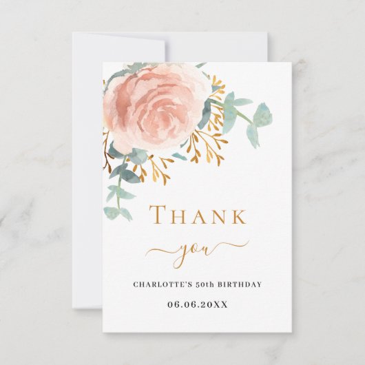 Roos Goud Bloemen Groen Elegant Birthday Bedankkaart (Voorkant)