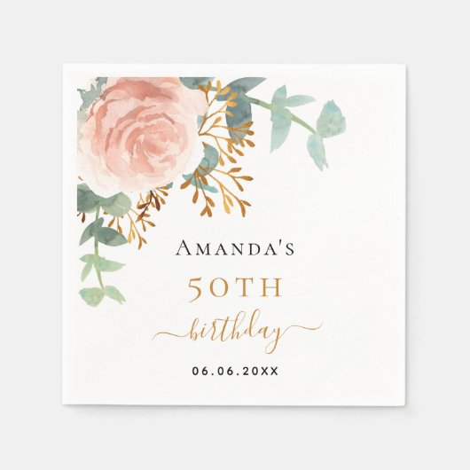 Roos Goud Bloemen Groen Elegant Birthday Servet (Voorkant)