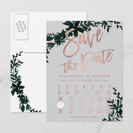 Roos Goud Bloemen Groen Grijs Kalender Save the da Aankondigingskaart (Voorkant / Achterkant)