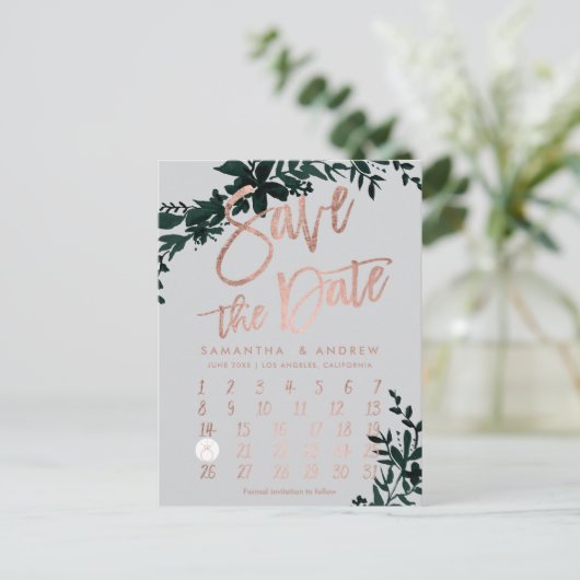 Roos Goud Bloemen Groen Grijs Kalender Save the da Aankondigingskaart (Staand voorkant)