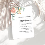 Roos Goud Bloemen Groen Script Verjaardag Uitnodiging Briefkaart<br><div class="desc">Een chique witte achtergrond. Versierd met een rozen gouden en blozend roze bloemblaadje,  rozen bloemblaadjes en groene watergekleurde eucalyptusbladeren,  takjes,  groen en een nepgouden tak. Personaliseer en voeg jouw namen en feestdetails toe. Achterkant: roos gouden achtergrond kleur.</div>