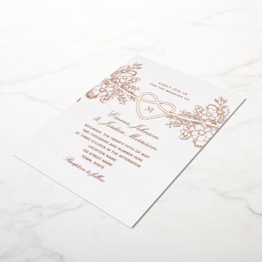 Roos Goud Bloemen Hart bruiloft Folie Uitnodigen Folie Uitnodiging (Gedraaid)